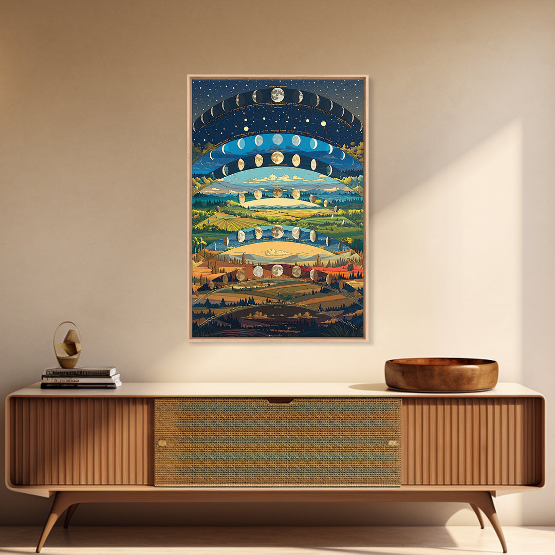 Layered Moon Phase Landscape With Rolling Fields Canvas Print, Dreamy Nature Wall Decor, Modern Boho Art For Living Room