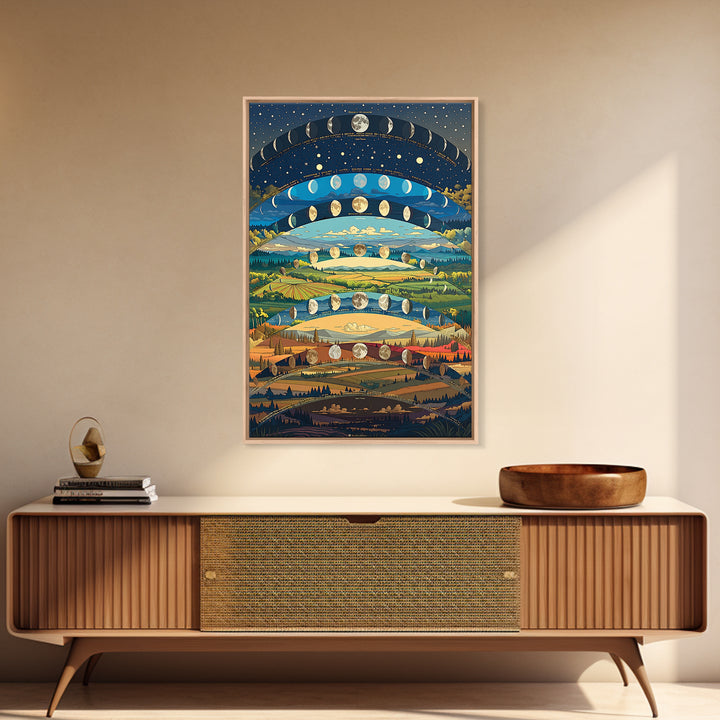 Layered Moon Phase Landscape With Rolling Fields Canvas Print, Dreamy Nature Wall Decor, Modern Boho Art For Living Room