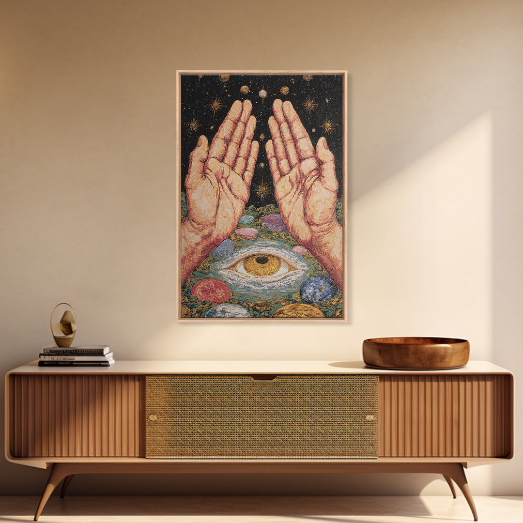 Mystic Open Hands Above All Seeing Eye And Planets Wall Art, Spiritual Meditation Decor, Surreal Occult Unique Home Art Gift