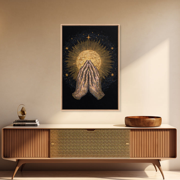 Praying Hands Holding Golden Radiant Sun On Black Canvas Print, Spiritual Wall Decor, Meditation Art Gift For Sacred Home