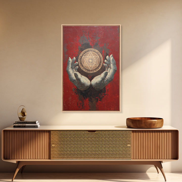 Golden Sacred Geometry In Weathered Hands Wall Art, Mystical Abstract Canvas, Spiritual Home Decor, Red And Gold Artwork