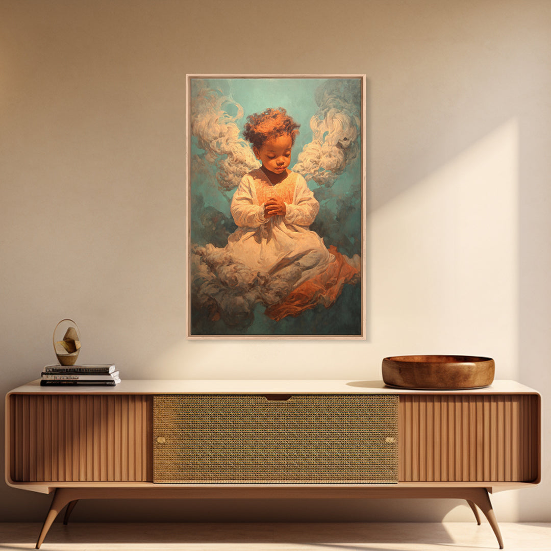 Praying Black Child In Clouds Canvas Print, Angelic Spiritual Wall Art, Dreamy Portrait Decor, Black Beauty Gift For Her