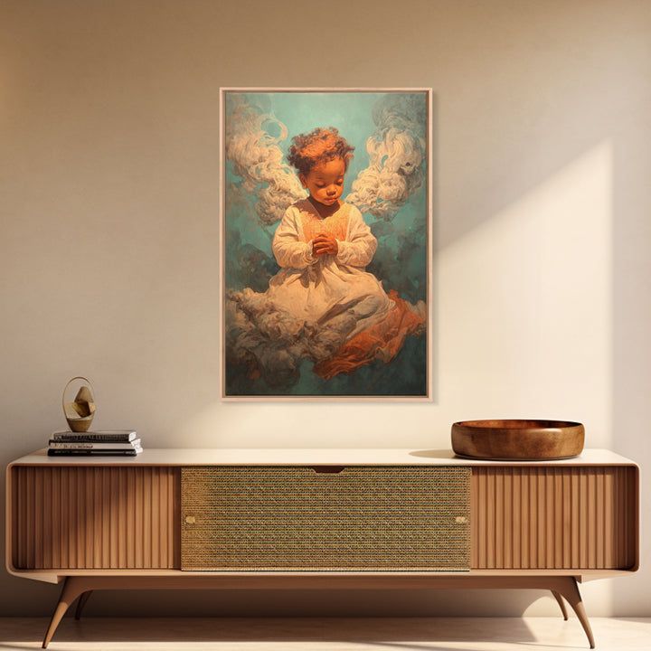 Praying Black Child In Clouds Canvas Print, Angelic Spiritual Wall Art, Dreamy Portrait Decor, Black Beauty Gift For Her