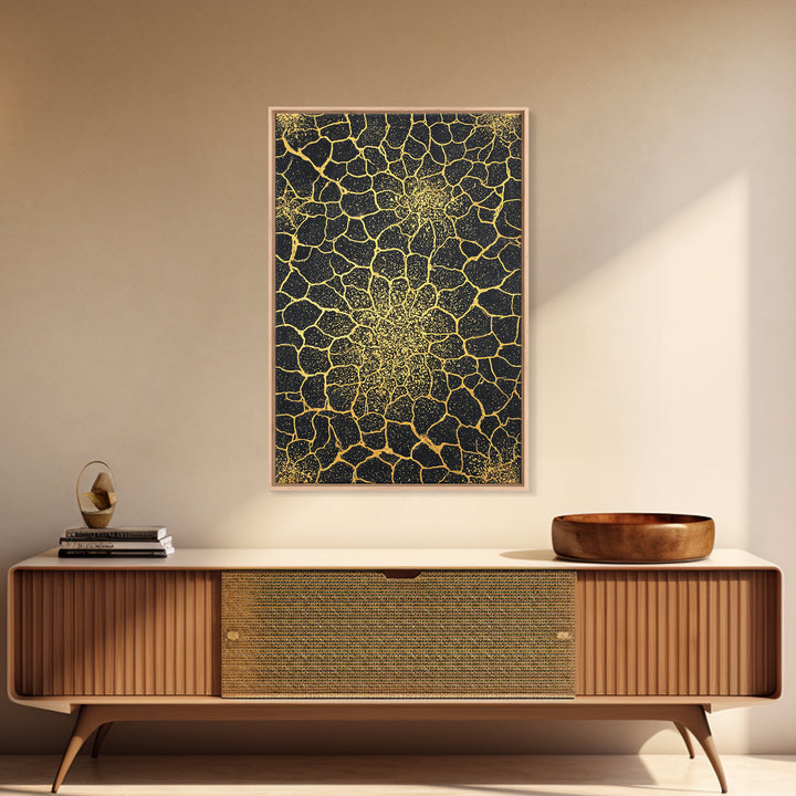 Gold Botanical Crackle Pattern Canvas Print, Black Abstract Wall Art, Geometric Floral Decor, Luxury Statement Piece For Modern Home