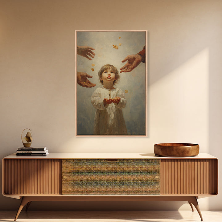 Wide Eyed Child Receiving Coins Framed Canvas Print, Classic Portrait Wall Art, Meaningful Gift, Soft Neutral Home Decor