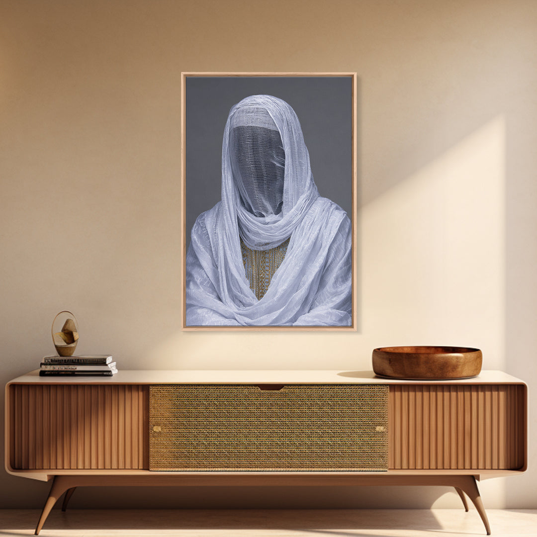 White Veiled African Woman Portrait Wall Art, Afrocentric Cultural Photography, Elegant Spiritual Home Decor Canvas Print