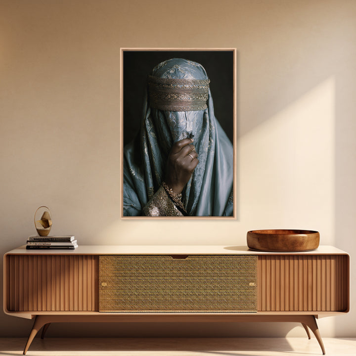 Blue Gold Veiled African Woman Portrait Framed Canvas Print, Luxury Afrocentric Wall Decor, Cultural Photography Fine Art