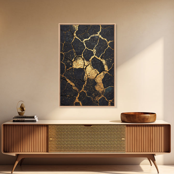 Black And Gold Cracked Earth Abstract Wall Art, Kintsugi Texture Modern Canvas Print, Luxury Earth Tone Statement Home Decor