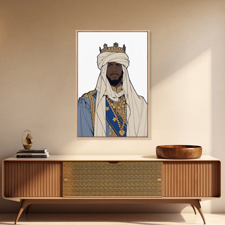 Regal African King In White Turban And Blue Robe Canvas Print, Afrocentric Royal Portrait Wall Art, Cultural Home Decor Gift