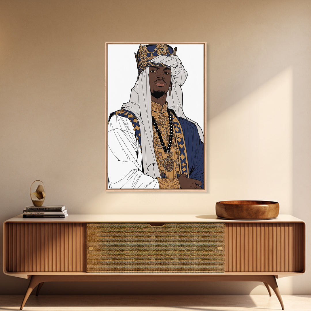 Regal African Prince In Crown White Turban And Blue Robe Framed Canvas Print, Afrocentric Black Royal Portrait Wall Art Decor