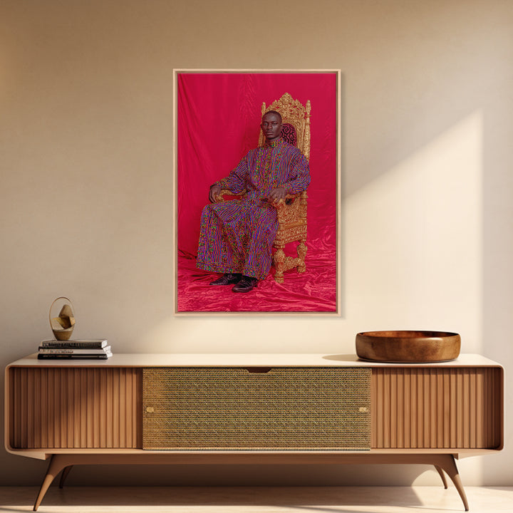 Regal African Man On Gold Throne Wall Art, Royal Black Portrait, Afrocentric Decor, African Fabric, Statement Canvas, Living Room Decor