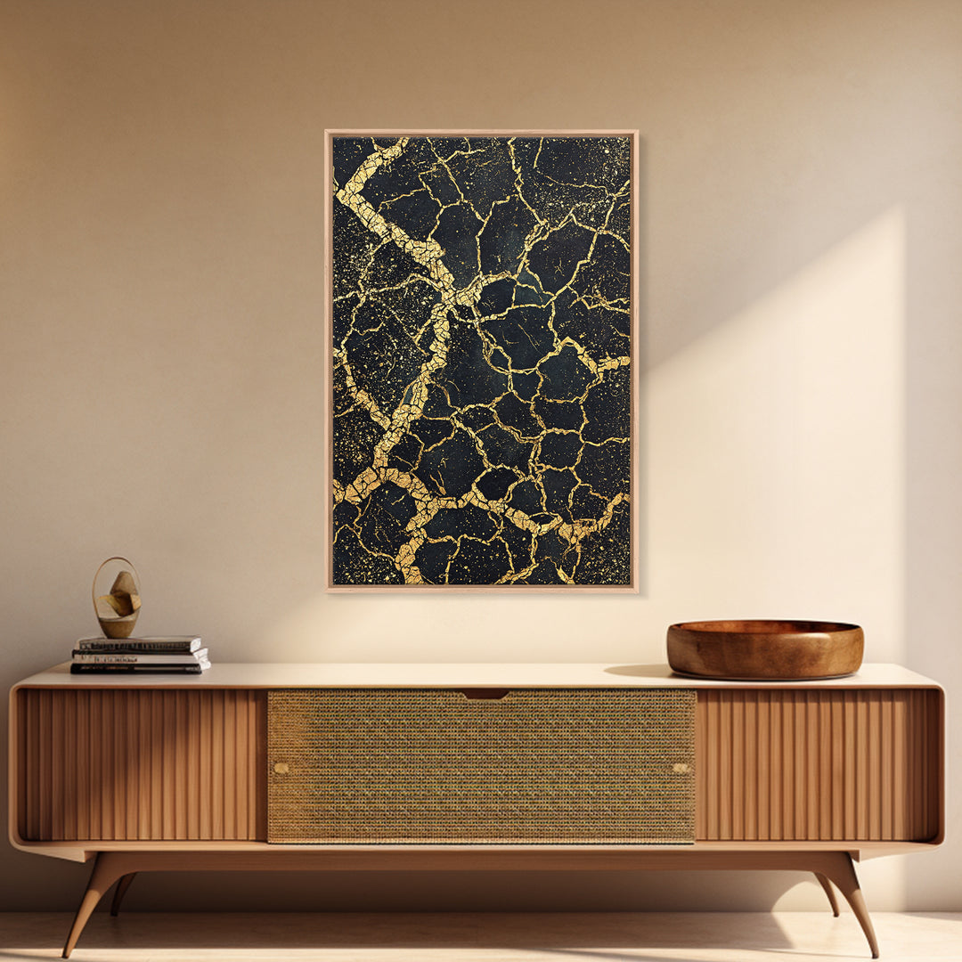Black And Gold Cracked Earth Abstract Wall Art, Luxury Canvas Print, Kintsugi Texture, Modern Home Decor, Statement Piece