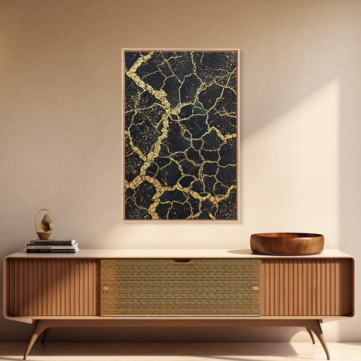 Black And Gold Cracked Earth Abstract Wall Art, Luxury Canvas Print, Kintsugi Texture, Modern Home Decor, Statement Piece