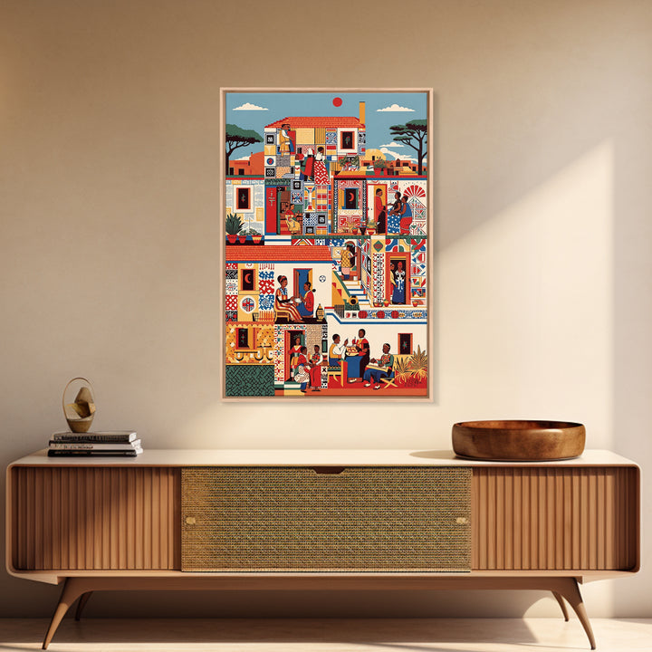 Vibrant African Neighborhood Scene Wall Art, Community Life Canvas Print, Patterned House, Afrocentric Cultural Decor, Gift