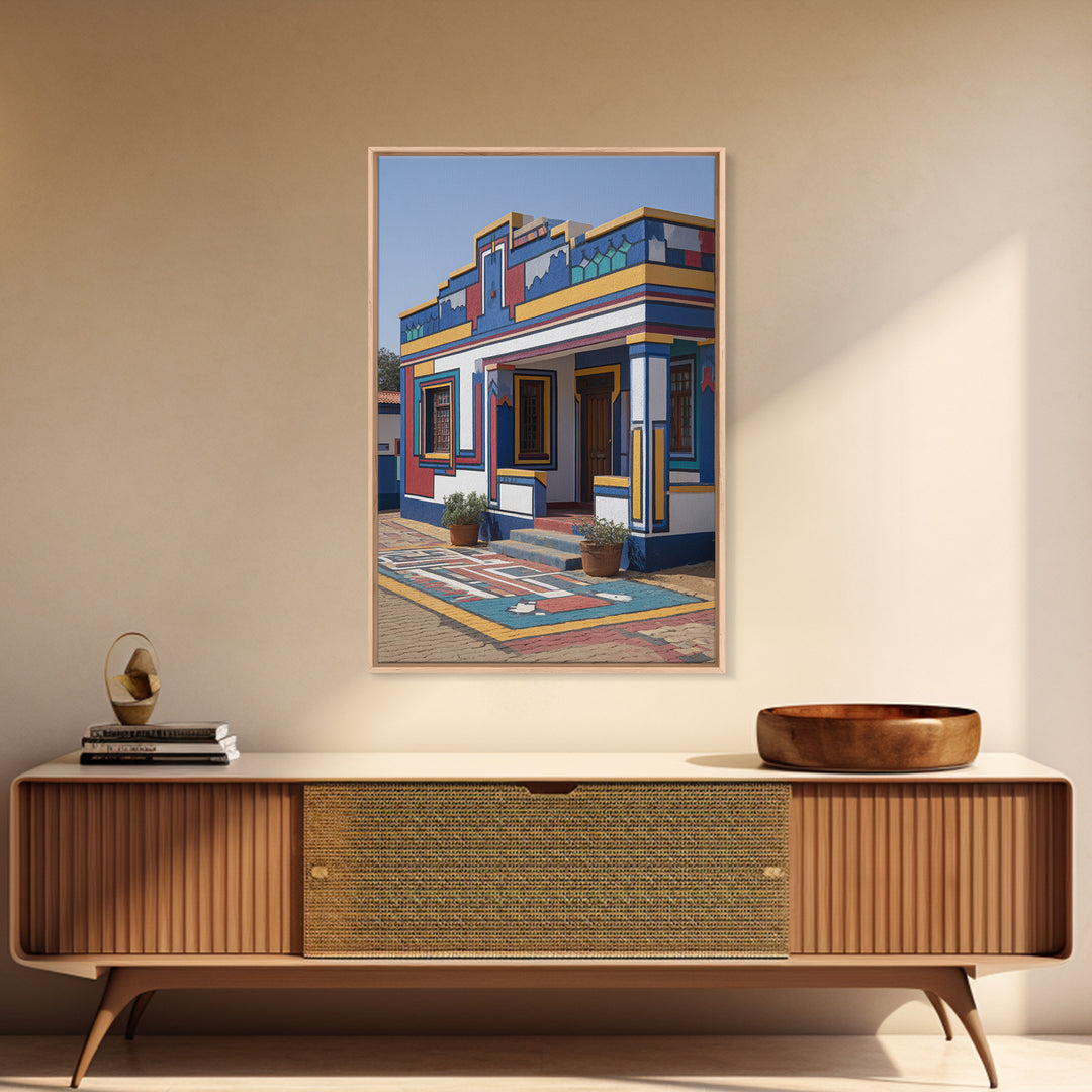 Bright Ndebele Painted Courtyard Framed Canvas Print, African Architecture Wall Art, Geometric Tribal Home Decor Statement Piece