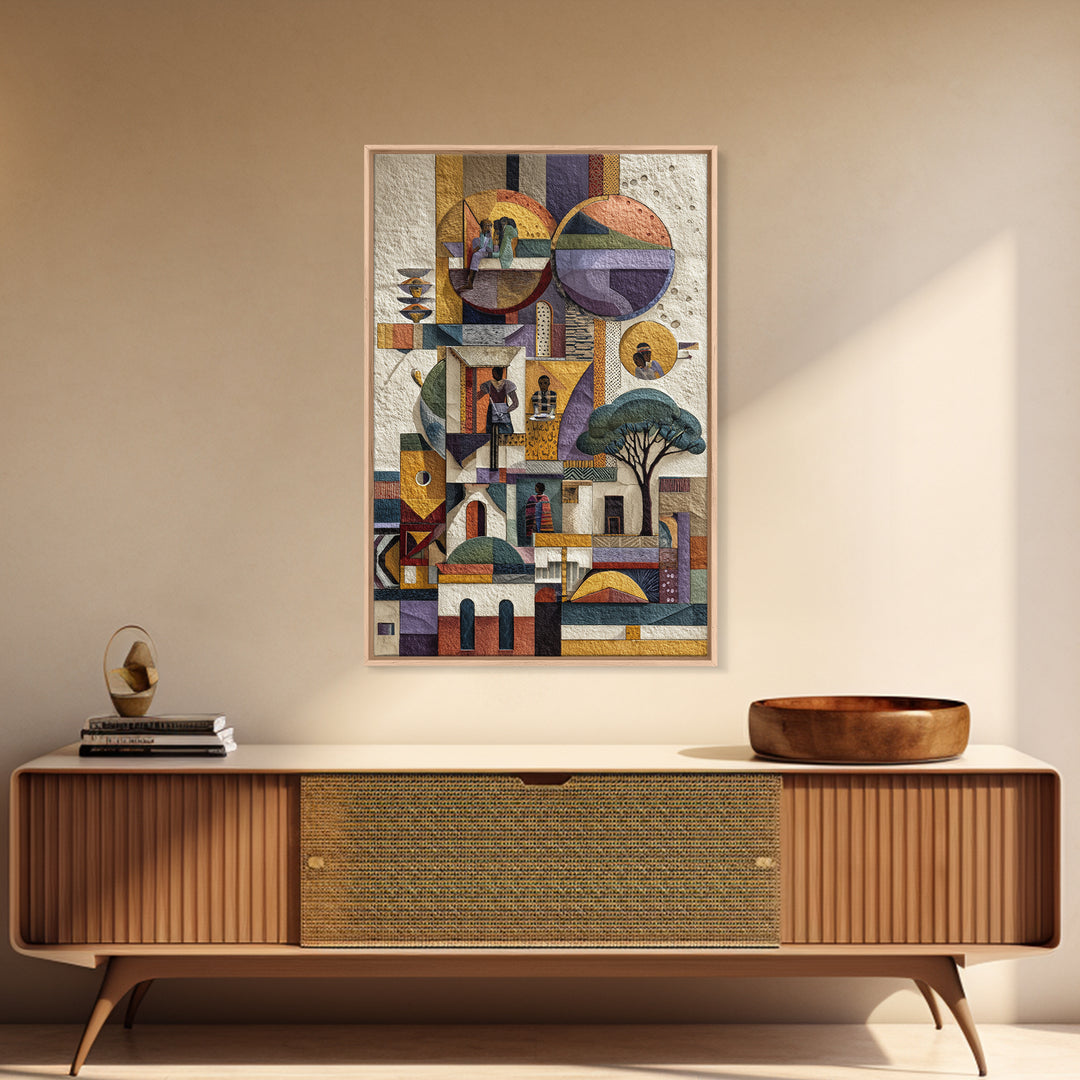Abstract African Village Collage Canvas Print, Geometric Architecture Wall Art, Textured Cultural Home Decor Gift For Living Room