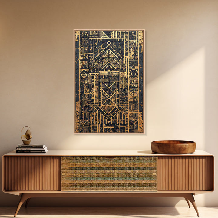 Gold Black Tribal Geometry Canvas Print, African Wall Art, Kuba Pattern Decor, Afrocentric Abstract Home Decor Statement Gift