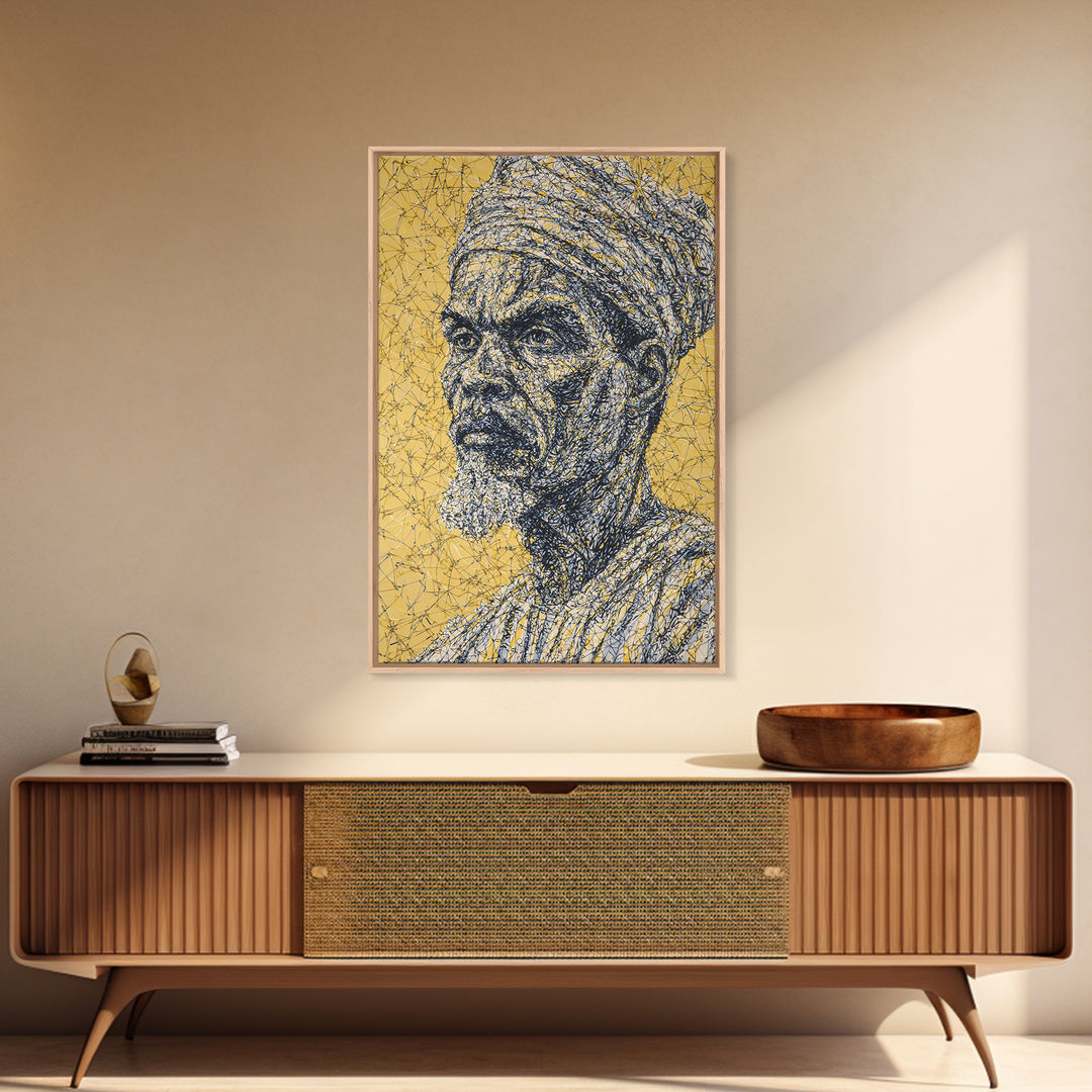 Wise Elder African Portrait Wall Art, Gold Line Drawing, Black History Decor, Afrocentric Cultural Home Decor Meaningful Gift For Him