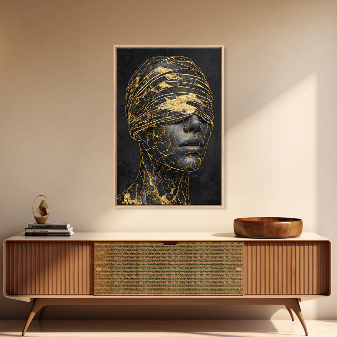 Blindfolded Gold Black Woman Canvas Print, African American Art, Feminine Afrocentric Portrait, Luxury Statement Home Decor