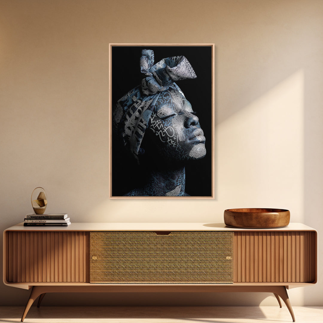 Blue Headwrap Black Woman Framed Canvas Print, African Portrait Art, Afrocentric Wall Decor, Modern Cultural Home Decor Gift