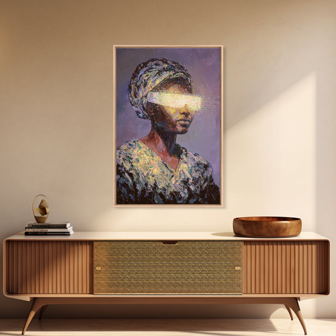 Visionary African Woman Canvas Print, Glowing Eye Light Portrait, Afrocentric Art, Spiritual Wall Decor, Female Power Gift