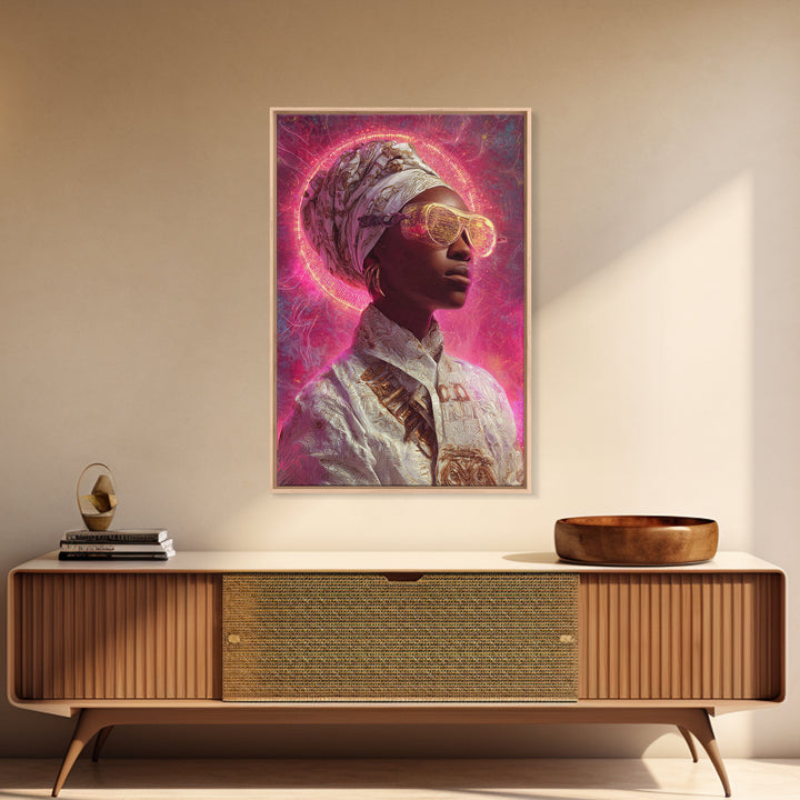 Neon Halo African Queen Wall Art, Sunglasses Headwrap Portrait, Afrofuturism Decor, Black Goddess Vibrant Pink Canvas Print