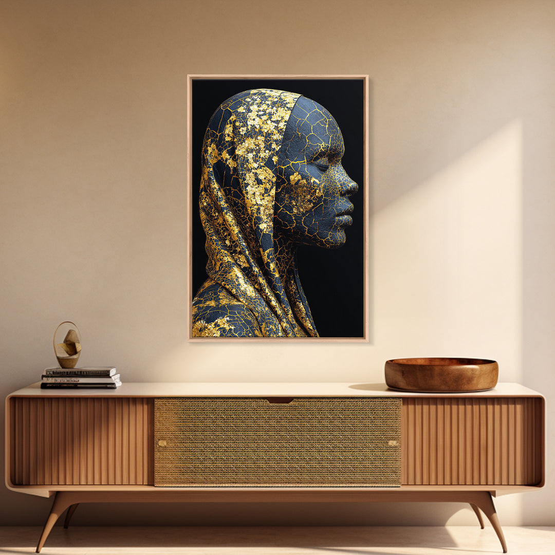Gold Cracked African Woman Framed Canvas Print, Black Goddess Portrait, Luxury Afrocentric Wall Decor, Modern Statement Home Gift