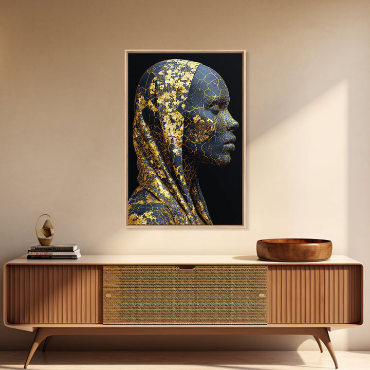 Gold Cracked African Woman Framed Canvas Print, Black Goddess Portrait, Luxury Afrocentric Wall Decor, Modern Statement Home Gift