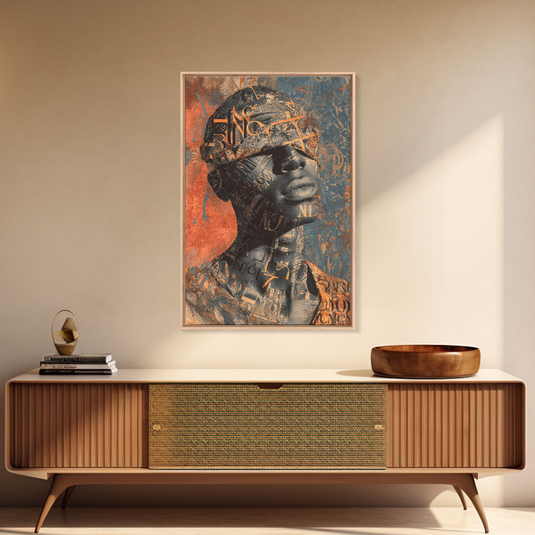 Blindfolded Black Woman Canvas Print, Abstract Typography Portrait, African American Art, Burnt Orange Afrocentric Decor