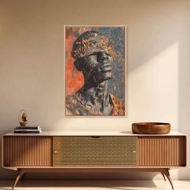Blindfolded Black Woman Canvas Print, Abstract Typography Portrait, African American Art, Burnt Orange Afrocentric Decor