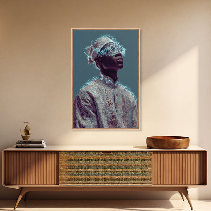 Afrofuturist Black Man Portrait With Neon Headwrap, Canvas Print, Modern African Art, Afrocentric Wall Decor, Black Culture Art