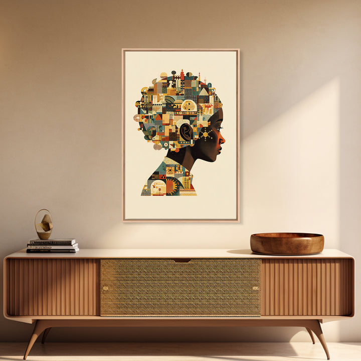 Profile Of African Woman With Architectural Afro, Wall Art, Geometric Portrait, Cultural Home Decor, Modern Afrocentric Art Print