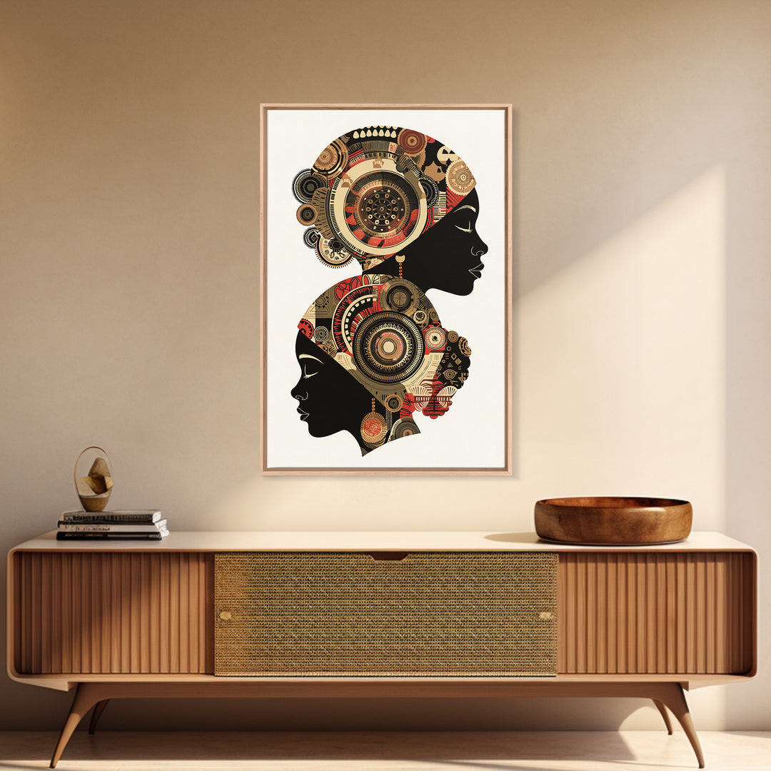 Two African Women Silhouettes With Tribal Circles, Canvas Print, Abstract African Art, Boho Wall Art, Cultural Decor Print