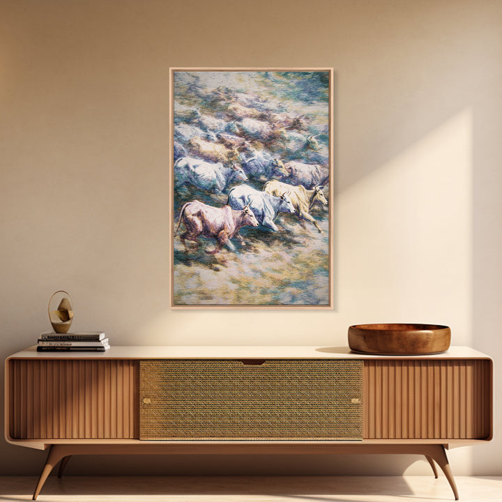 Colorful Running Cattle Herd Across Open Range, Wall Art, African Animal Art, Safari Decor, Textured Painting On Canvas Print