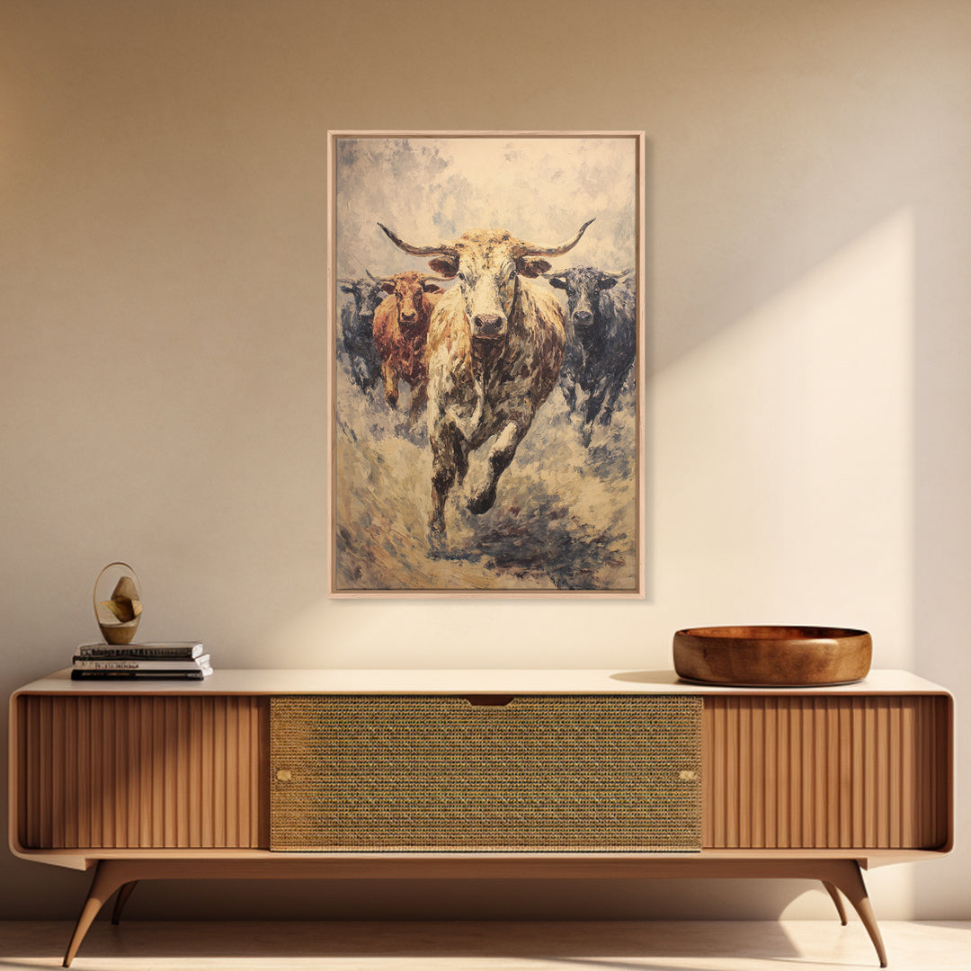 Powerful Longhorn Bull Herd Charging Forward, Framed Canvas Print, African Safari Wall Art, Rustic Animal Decor Gift For Him