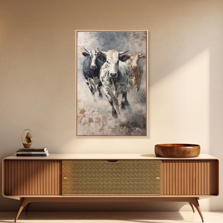Charging Longhorn Cattle Framed Canvas Print, Western Animal Wall Art, Rustic Farmhouse Decor, Bold Living Room Painting