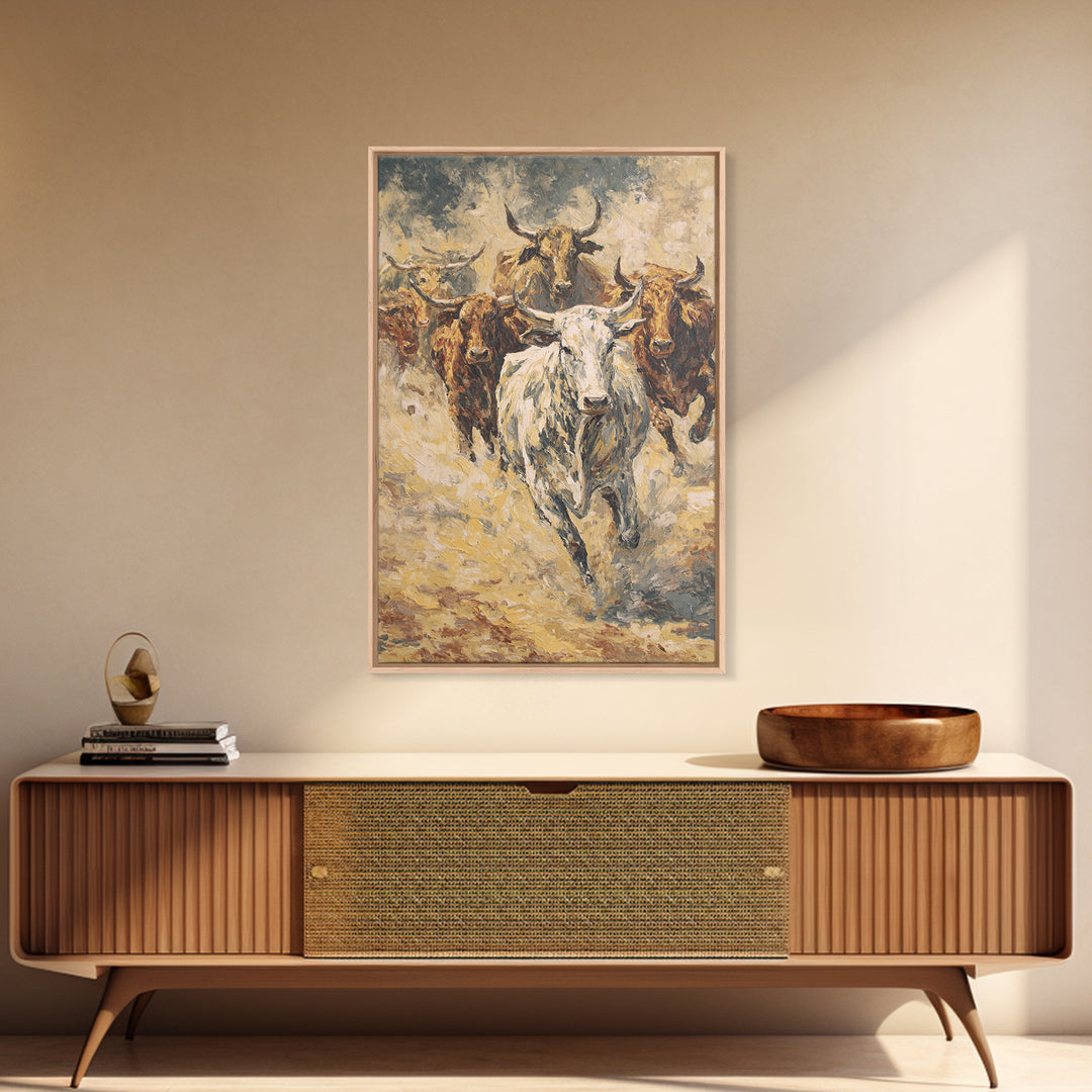 Textured Longhorn Herd Canvas Print, Western Bull Wall Art, Rustic Ranch Decor, Farmhouse Living Room Art, Earth Tone Painting