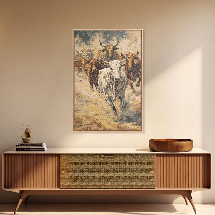 Textured Longhorn Herd Canvas Print, Western Bull Wall Art, Rustic Ranch Decor, Farmhouse Living Room Art, Earth Tone Painting