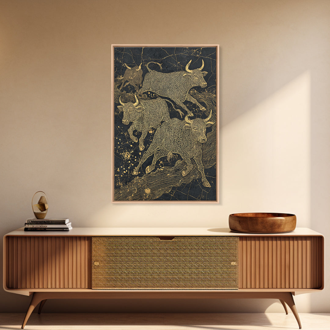 Gold Line Bulls On Black Wall Art, Modern Animal Canvas Print, Luxury Ranch Decor, Masculine Office Art, Bold Statement Piece