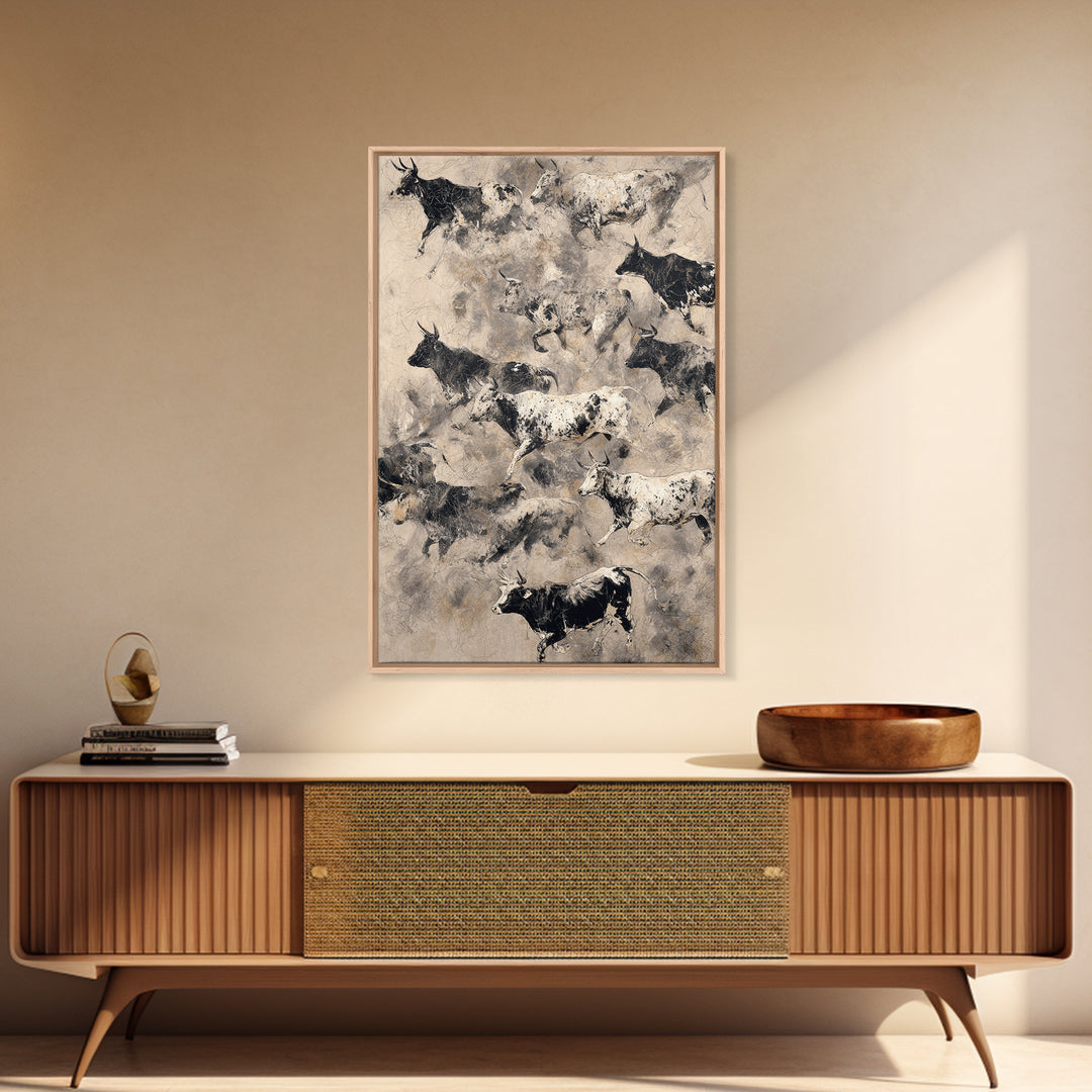 Monochrome Cattle Collage Wall Art, Abstract Animal Canvas Print, Rustic Neutral Decor, Black And White Art, Gallery Poster