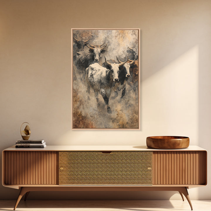 Dusty Longhorn Herd Framed Canvas Print, Western Bull Wall Art, Rustic Farmhouse Decor, Earth Tone Living Room Painting Gift