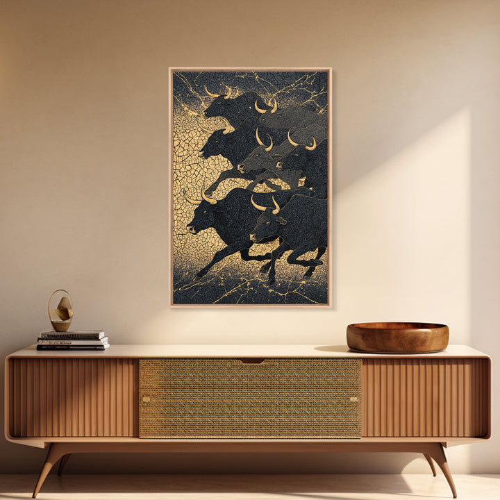 Black And Gold Bull Herd Canvas Print, Dramatic Animal Wall Art, Luxury Ranch Decor, Masculine Office Art, Statement Piece