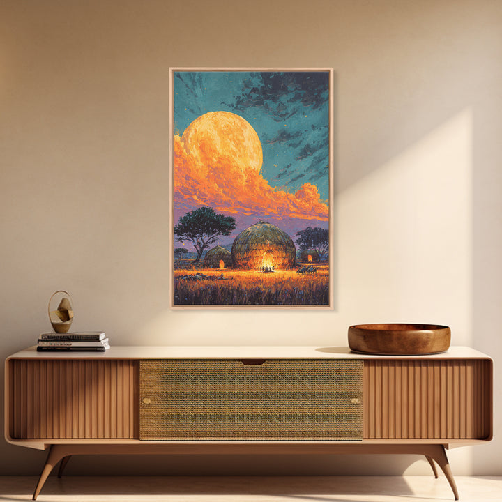 Full Moon African Hut Village Canvas Print, Serengeti Night Landscape, Safari Decor, African Inspired Wall Decor, Nature Scene Art