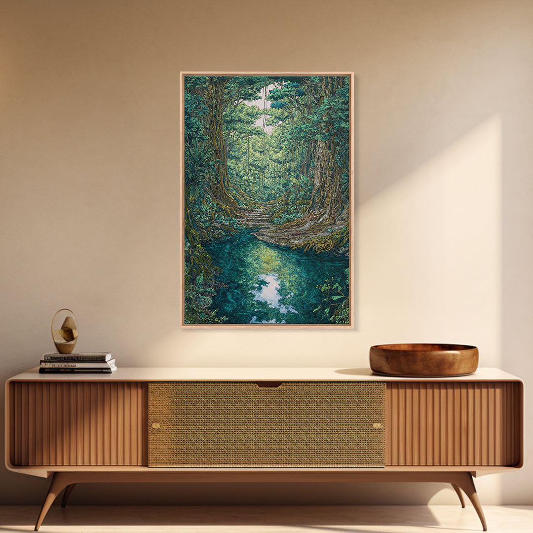 Rainforest River Path Framed Canvas Print, Ancient Jungle Roots, Green Nature Scene Art, Boho Wall Decor, Unique Home Decor