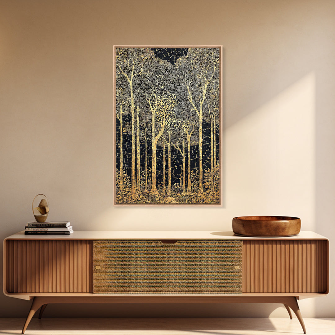 Black And Gold Forest Wall Art, Tall Tree Line Illustration, Abstract Nature Pattern, Elegant Home Decor, Luxury Art Print