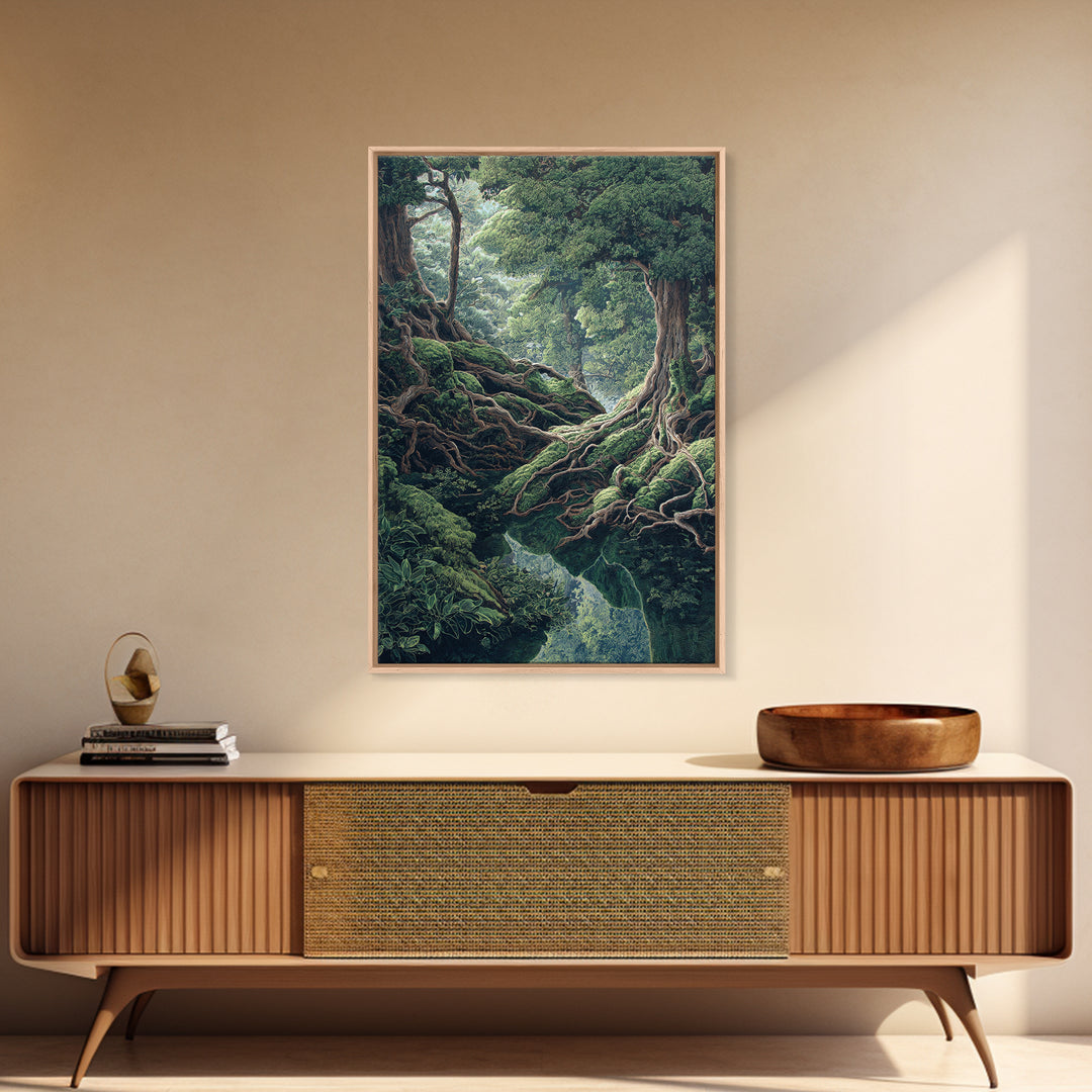 Ancient Forest Roots Wall Art, Mossy Green River Gorge, Mystical Nature Scene Art, Statement Wall Decor, Unique Canvas Print