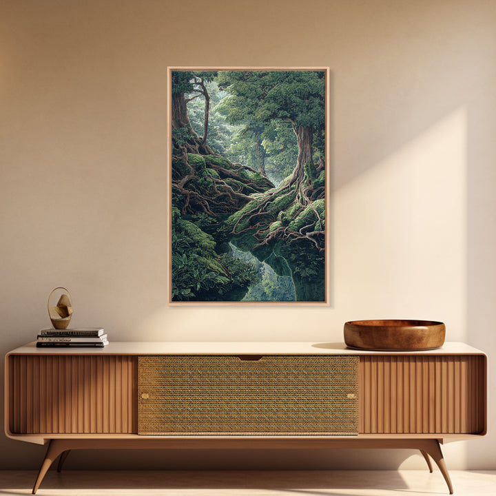 Ancient Forest Roots Wall Art, Mossy Green River Gorge, Mystical Nature Scene Art, Statement Wall Decor, Unique Canvas Print