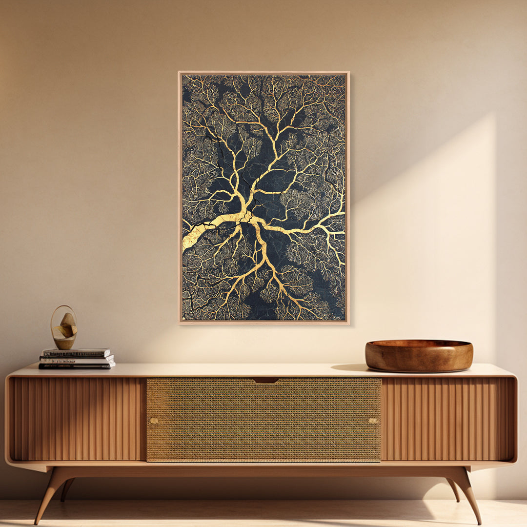 Black And Gold Branching Tree Wall Art, Abstract Root Network, Earth Tone Wall Decor, Luxury Art Print, Modern Canvas Art
