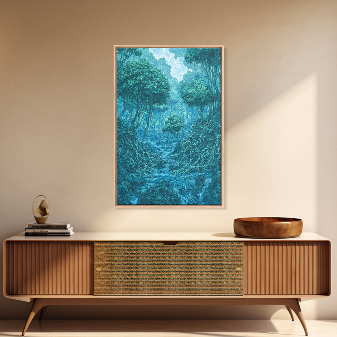 Blue Mystical Rainforest Stream Framed Canvas Print, Dreamy Jungle Wall Art, Teal Nature Scene, Spiritual Wall Decor Gift