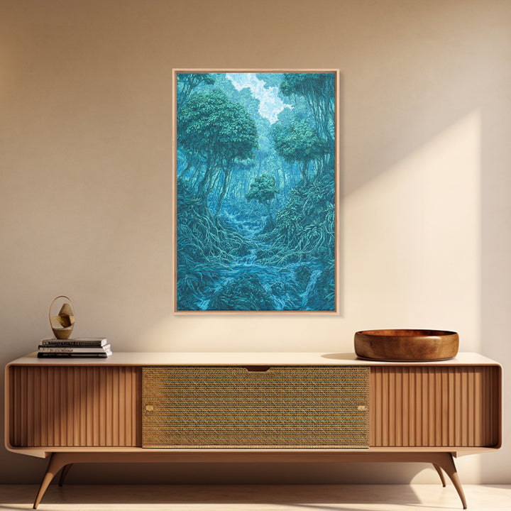 Blue Mystical Rainforest Stream Framed Canvas Print, Dreamy Jungle Wall Art, Teal Nature Scene, Spiritual Wall Decor Gift